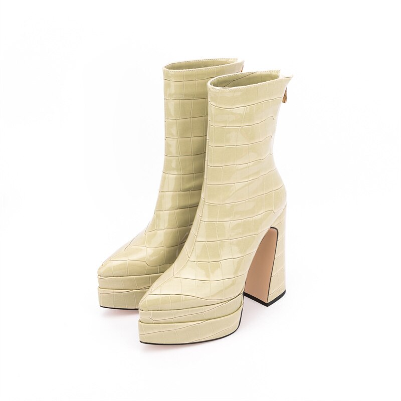 Women's Chunky Platform Ankle Boots - Stone Pattern High Heel