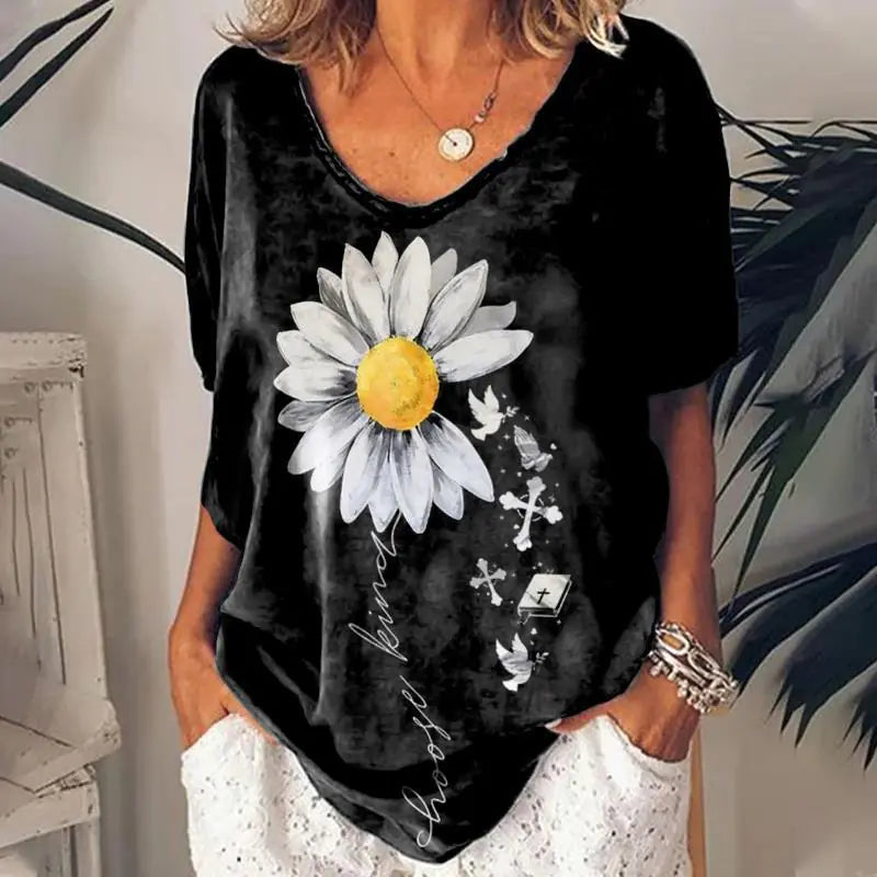 Women's Graphic Print V-Neck T-Shirt Casual Short Sleeve Tee - Image 16