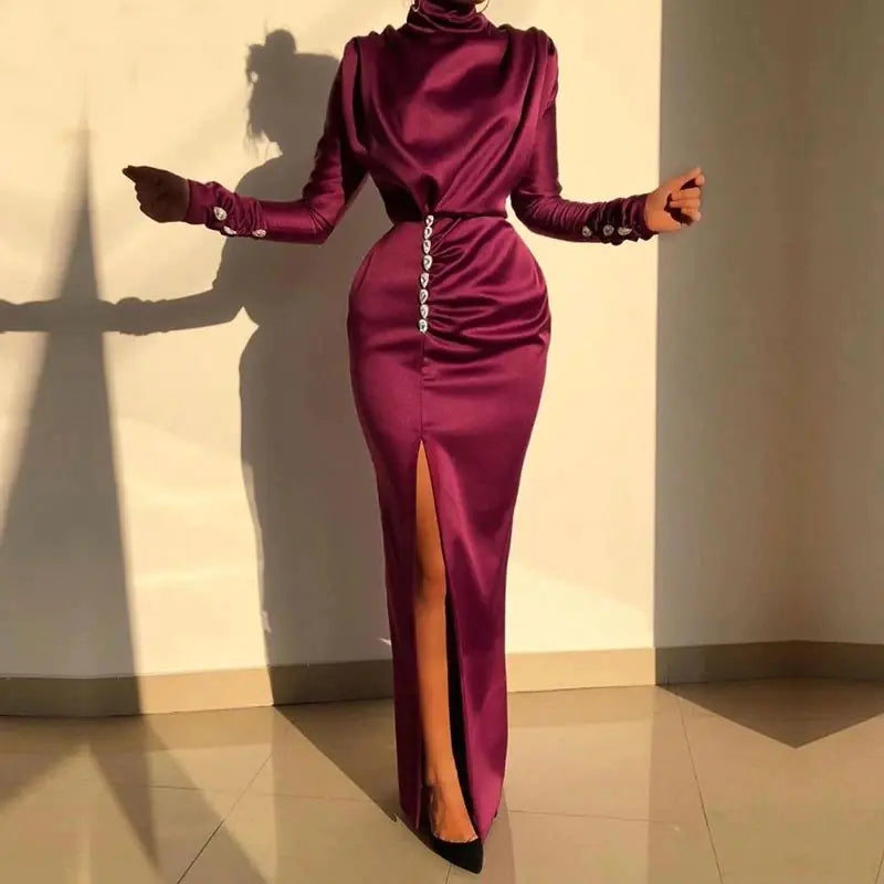 Women's Long Sleeve High Neck Split Maxi Dress Satin Finish - Image 4
