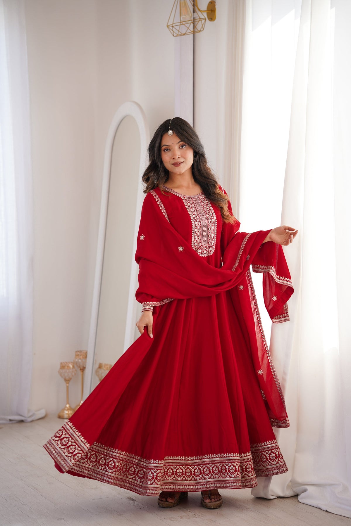 Red Vichitra Silk Anarkali Gown with Full Kali Embroidery