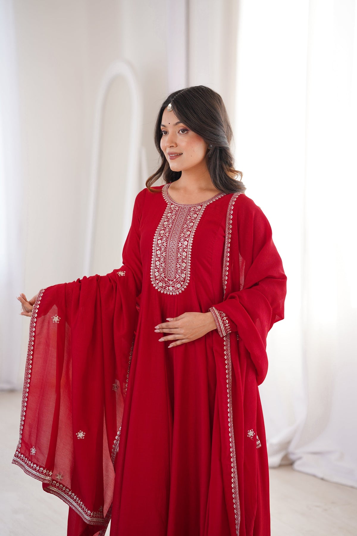 Red Vichitra Silk Anarkali Gown with Full Kali Embroidery