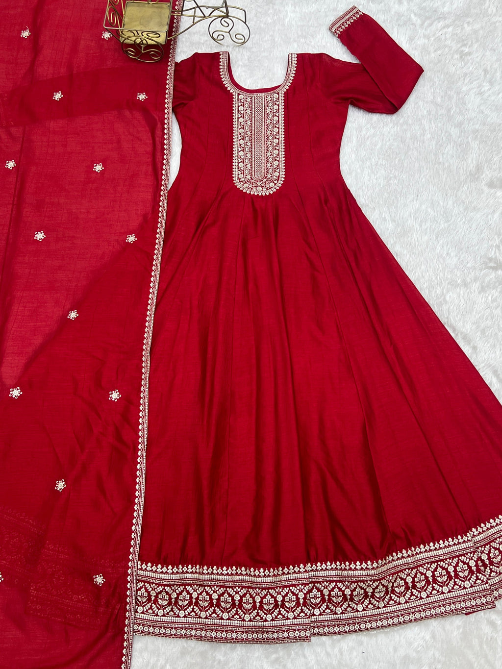 Red Vichitra Silk Anarkali Gown with Full Kali Embroidery