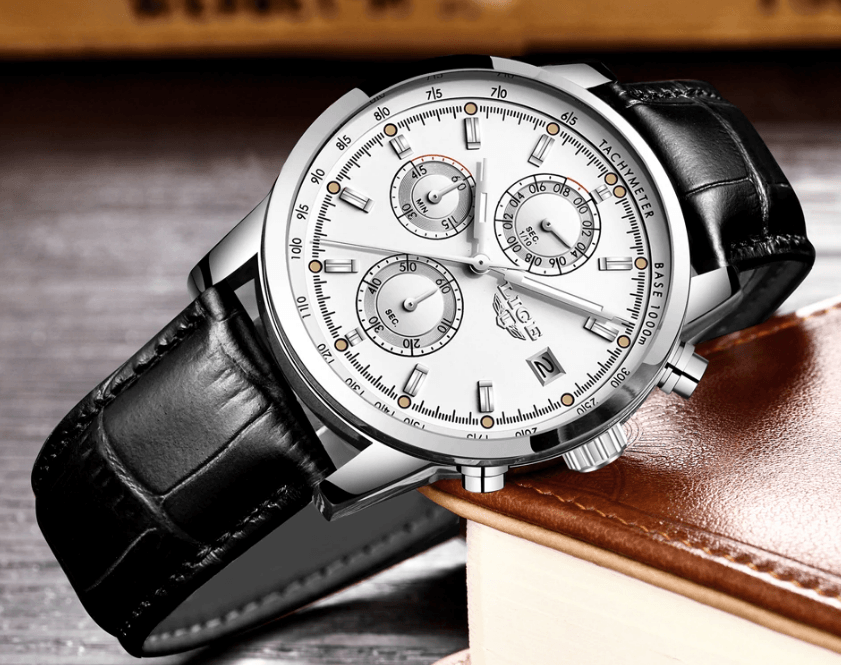Waterproof Men's Quartz Watch with Chronometers and Brown Strap