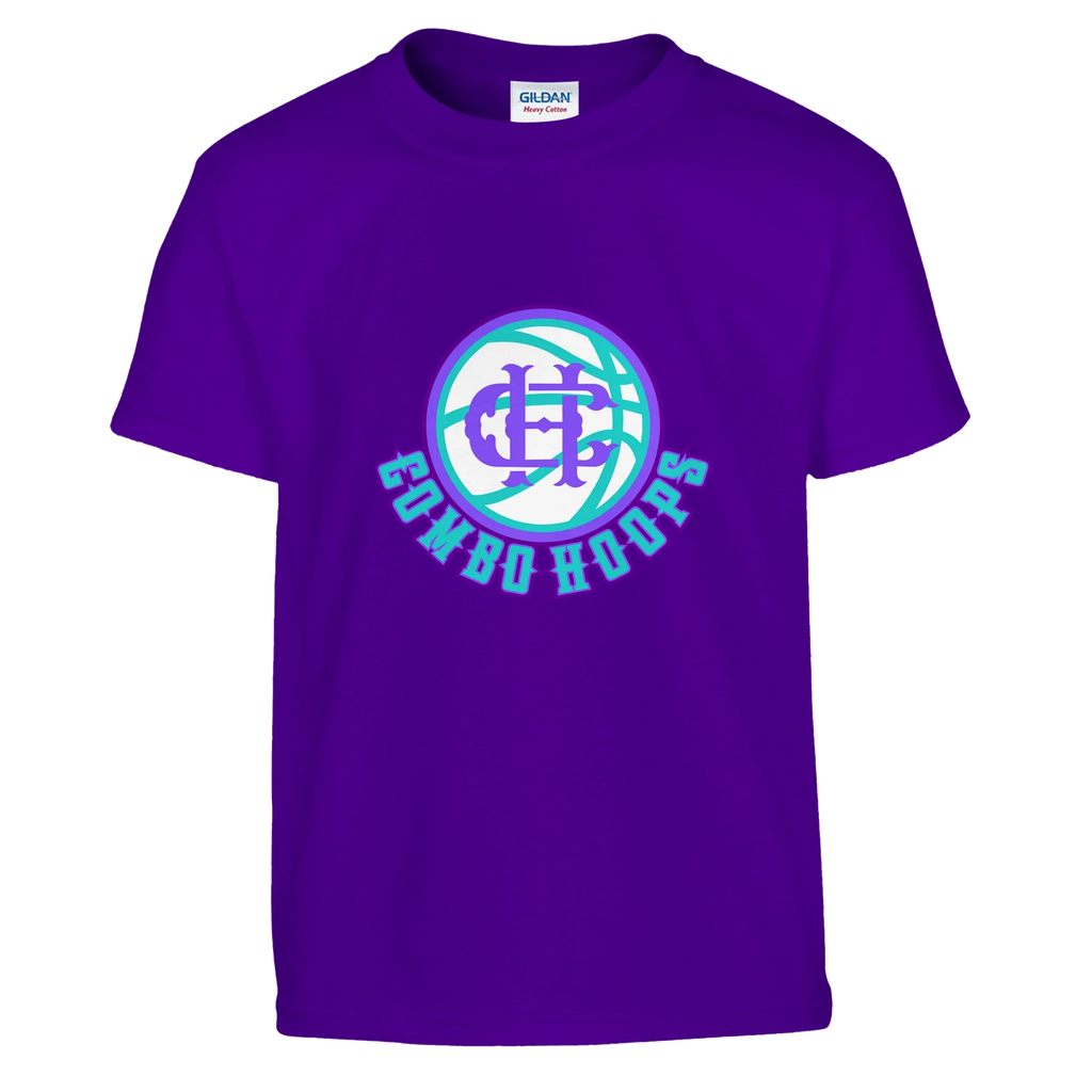 A front view of a kids purple short-sleeve t-shirt with a Nh Combo Hoops basketball logo in white, purple, and teal.