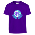 A front view of a kids purple short-sleeve t-shirt with a Nh Combo Hoops basketball logo in white, purple, and teal.