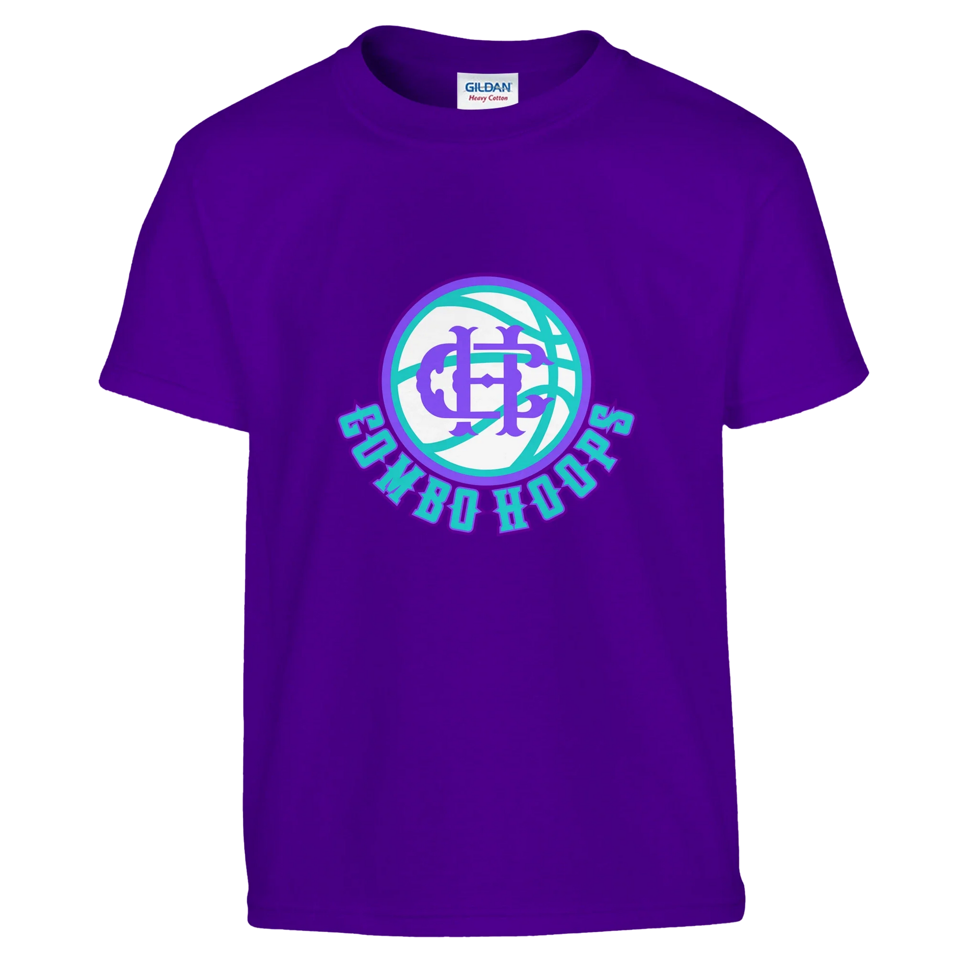 A front view of a kids purple short-sleeve t-shirt with a Nh Combo Hoops basketball logo in white, purple, and teal.