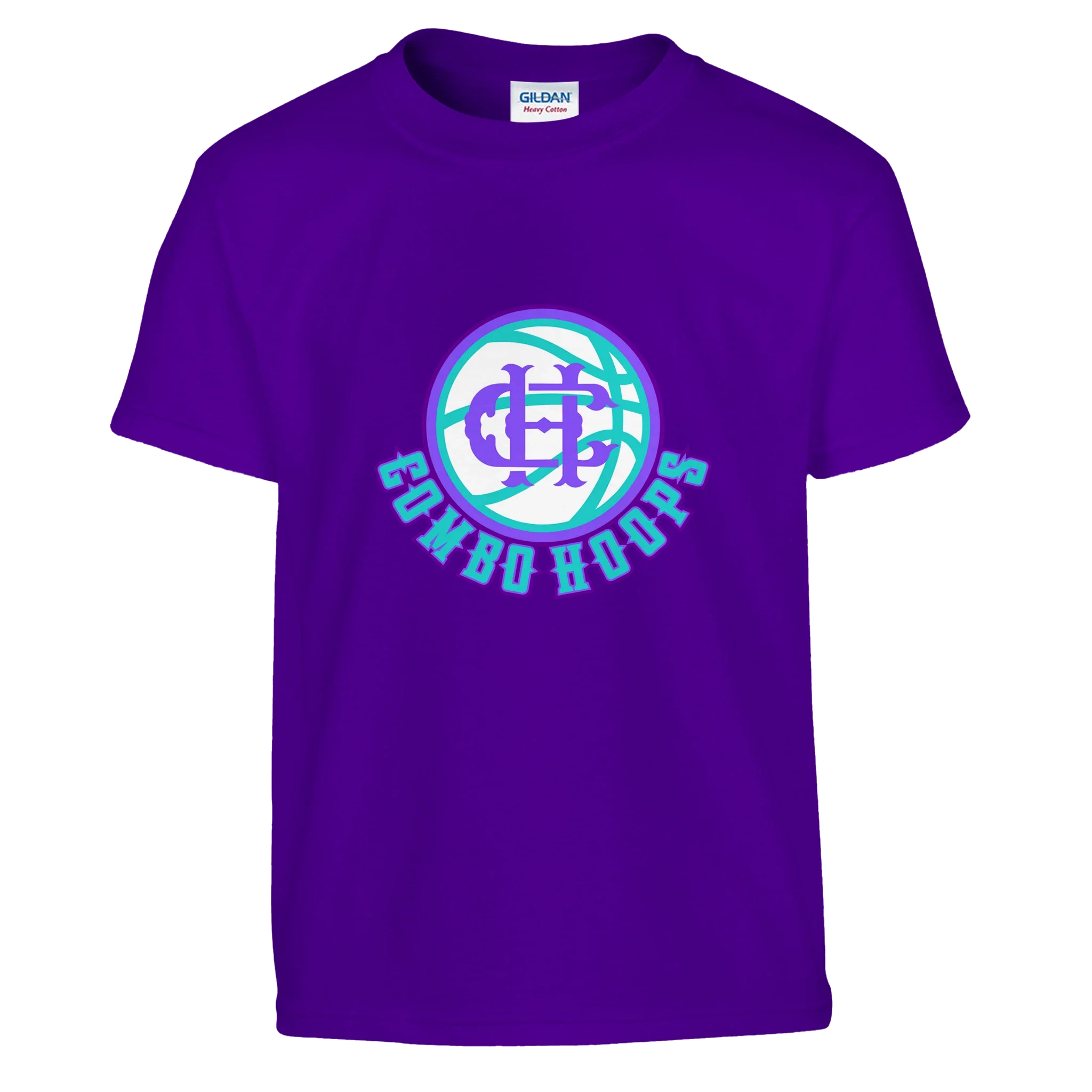 A front view of a kids purple short-sleeve t-shirt with a Nh Combo Hoops basketball logo in white, purple, and teal.