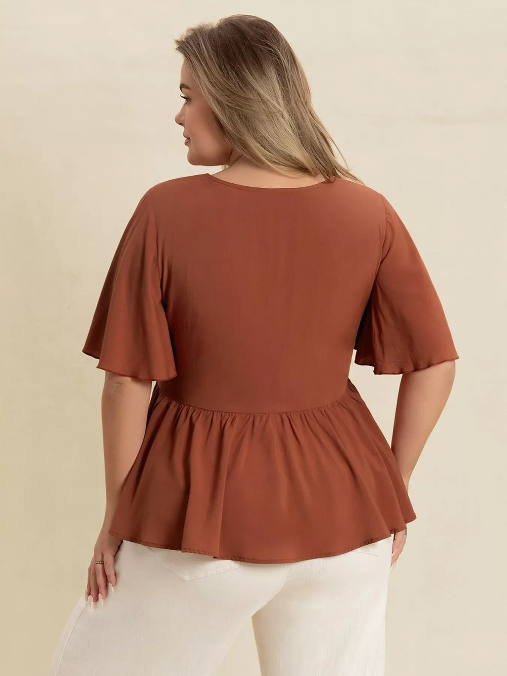 Plus Size Embroidered V-Neck Flutter Sleeve Blouse