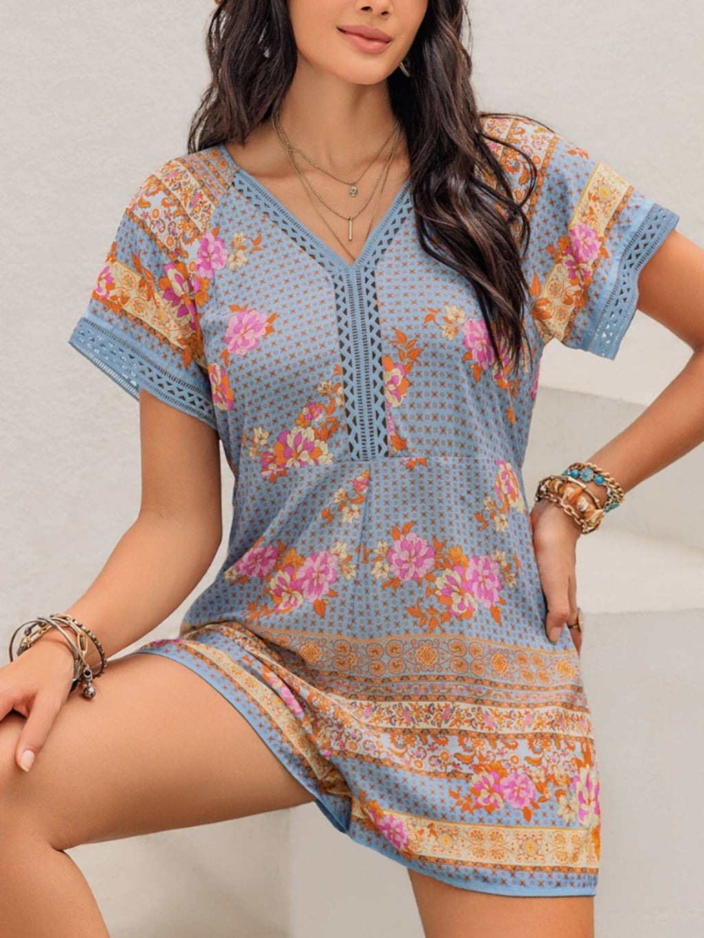Printed V-Neck Short Sleeve Romper | Viscose Cutout