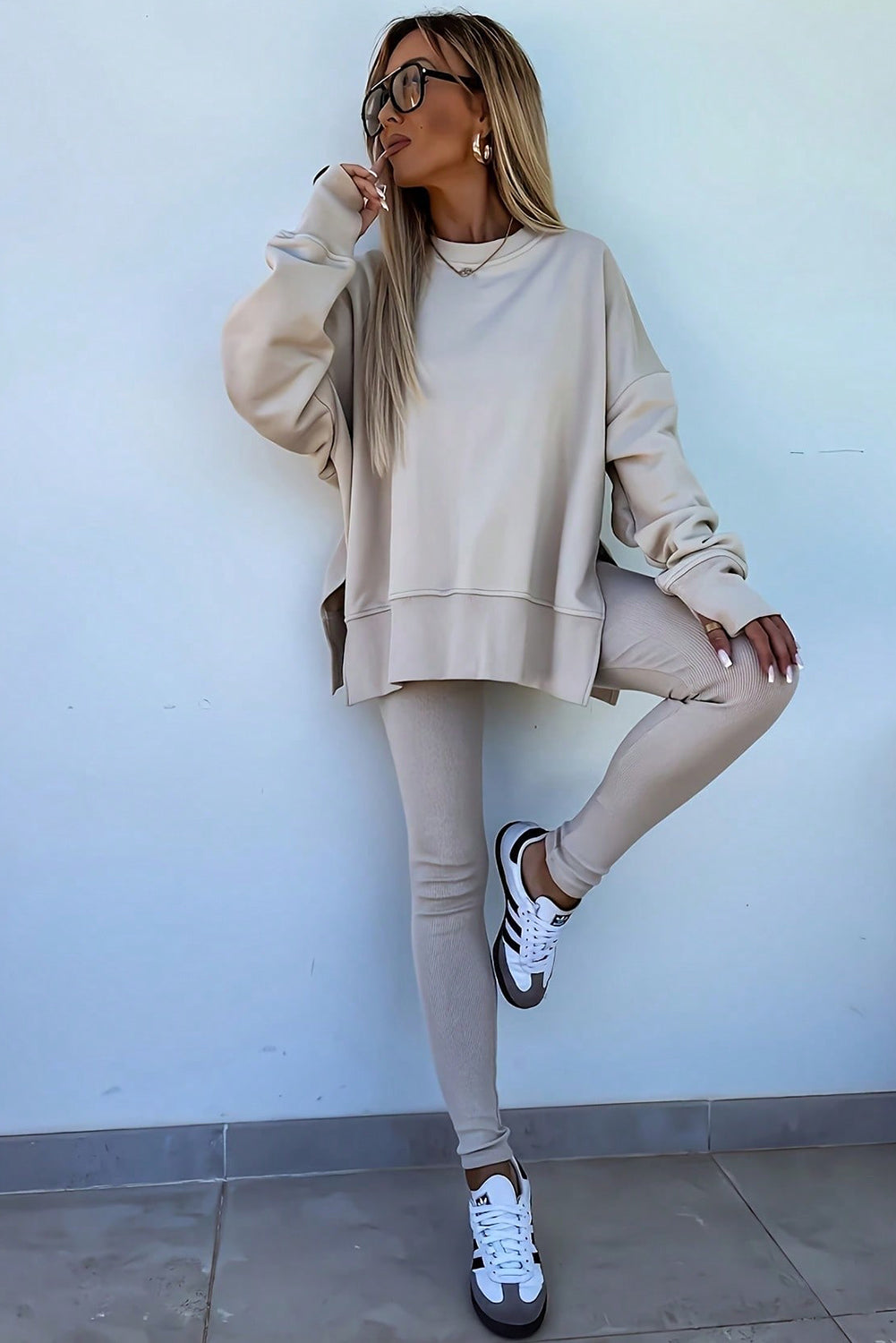 Jet Stream Oversize Slit Sweatshirt & Ribbed Leggings Set