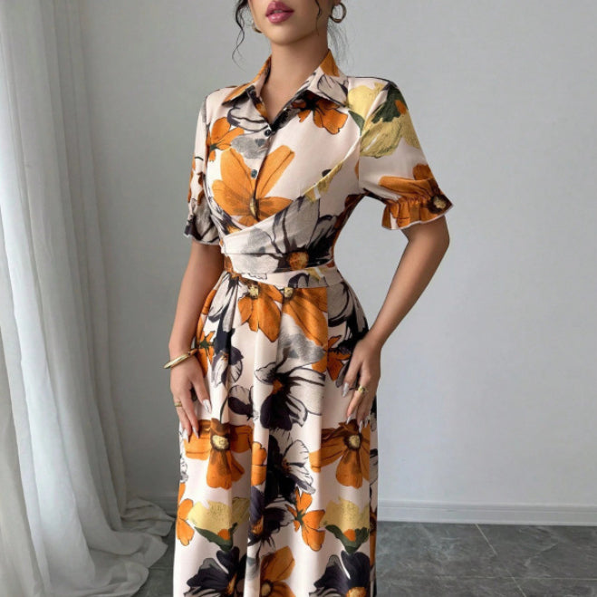 Women’s Printed Puff Sleeve Midi Dress with Cross-Tie Waist - Image 2