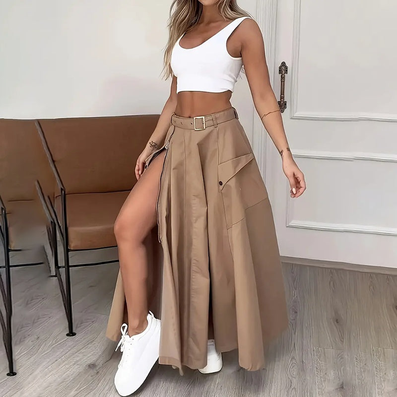 Women’s White Crop Top and Khaki Slit Skirt Matching Set - Image 8