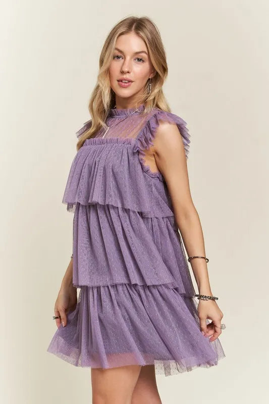 Layered Ruffled Cap Sleeve Mesh Dress for Elegant Events