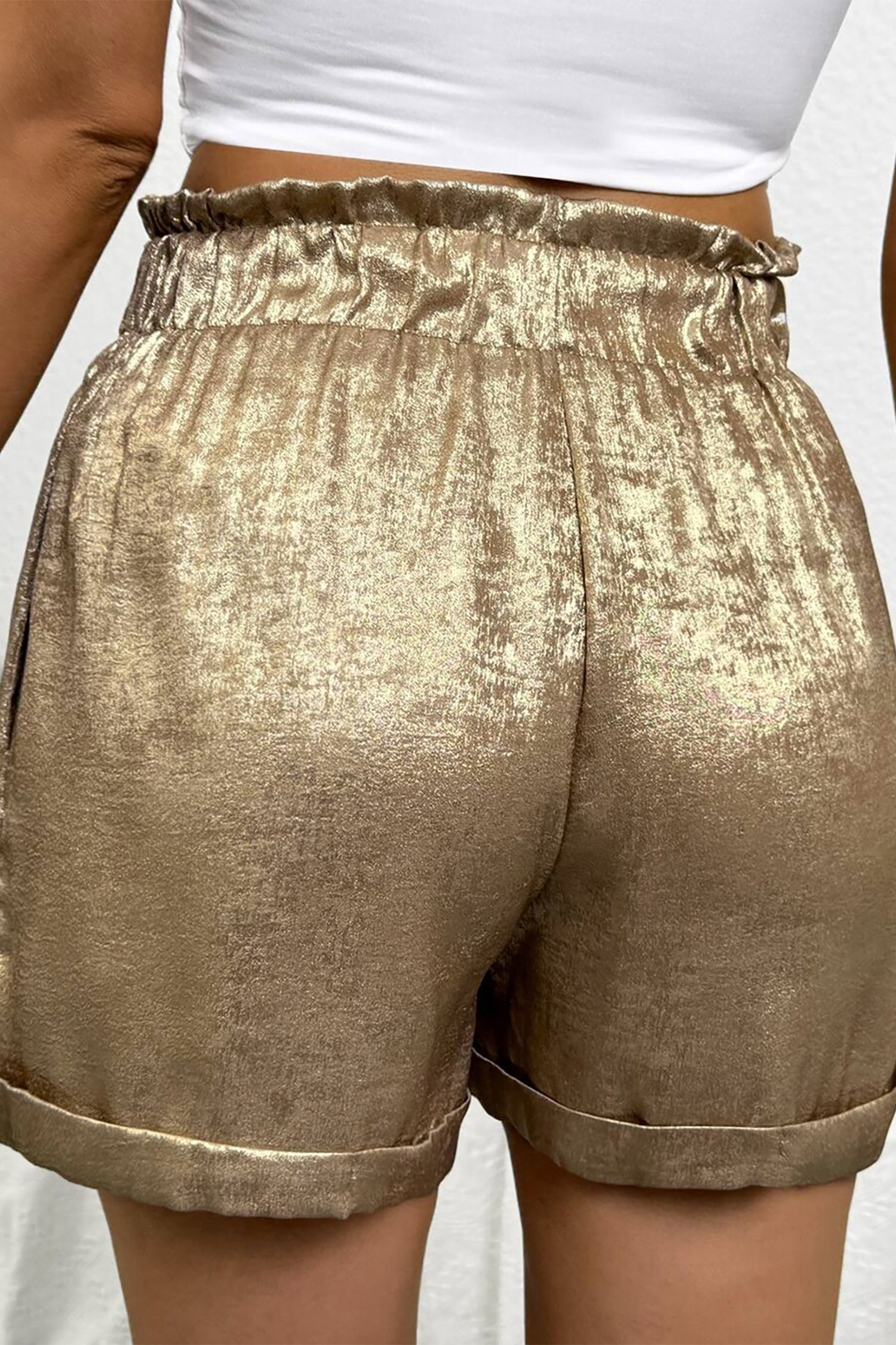 Metallic Tie Elastic Waist Cuffed Hem Shorts