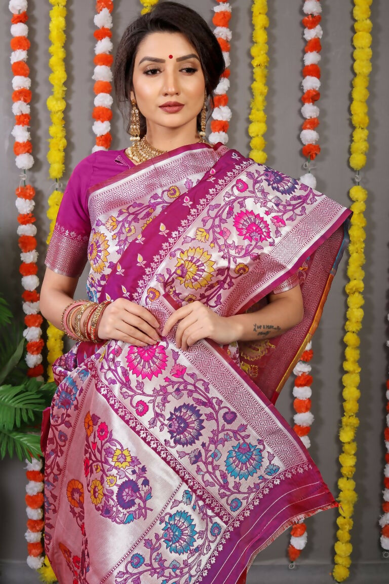 Magenta Banarasi Silk Zari Woven Saree with Matching Blouse