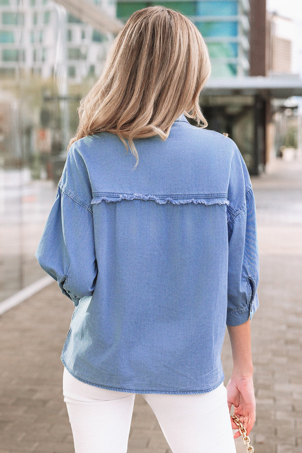 Floral Drop Shoulder Bracelet Sleeve Chambray Shirt