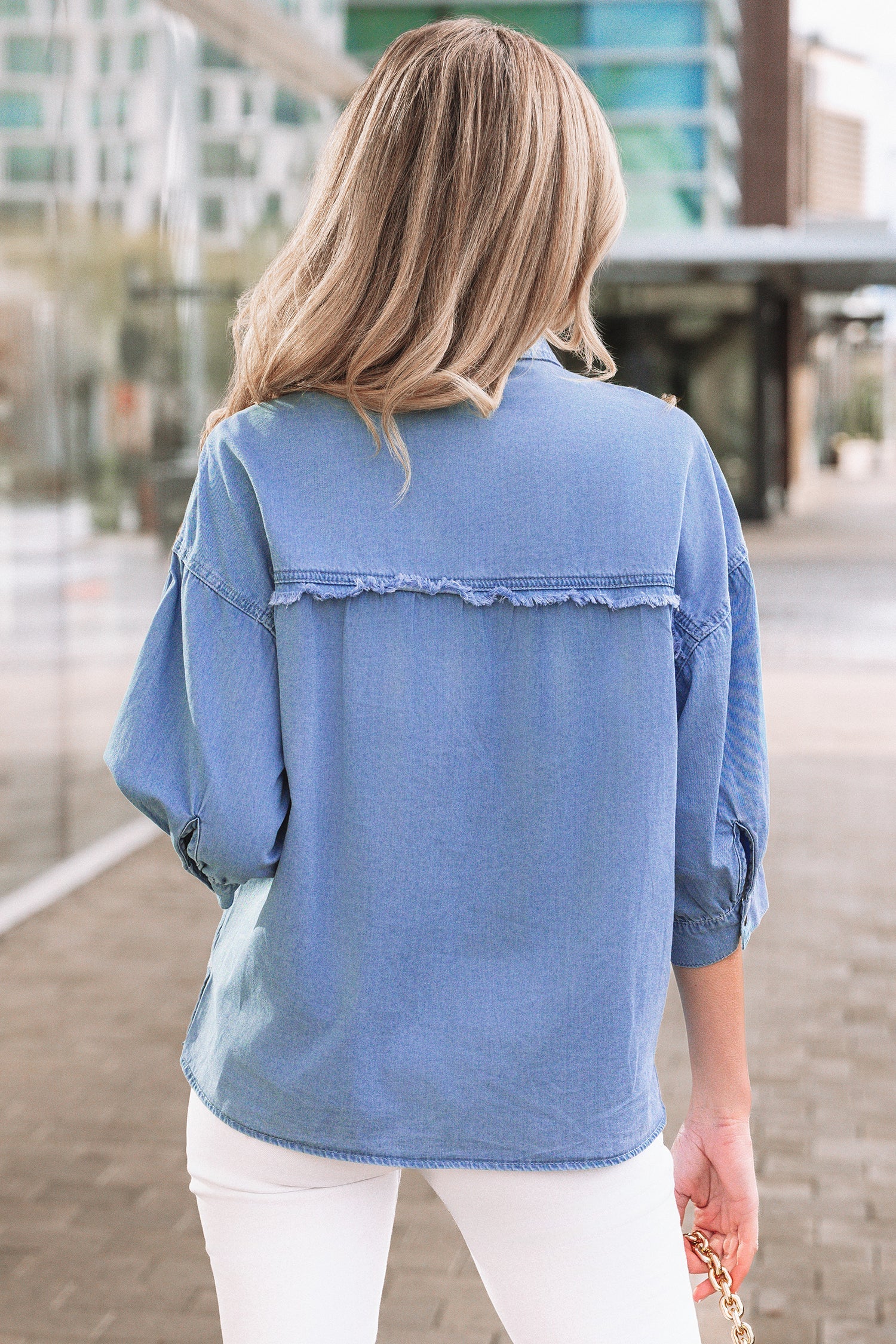 Floral Drop Shoulder Bracelet Sleeve Chambray Shirt