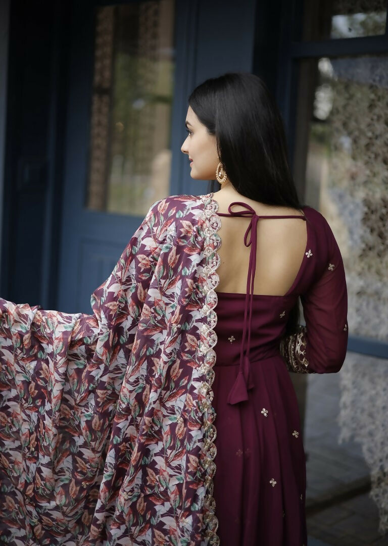Wine Faux Blooming Anarkali Dress with Zari & Sequins