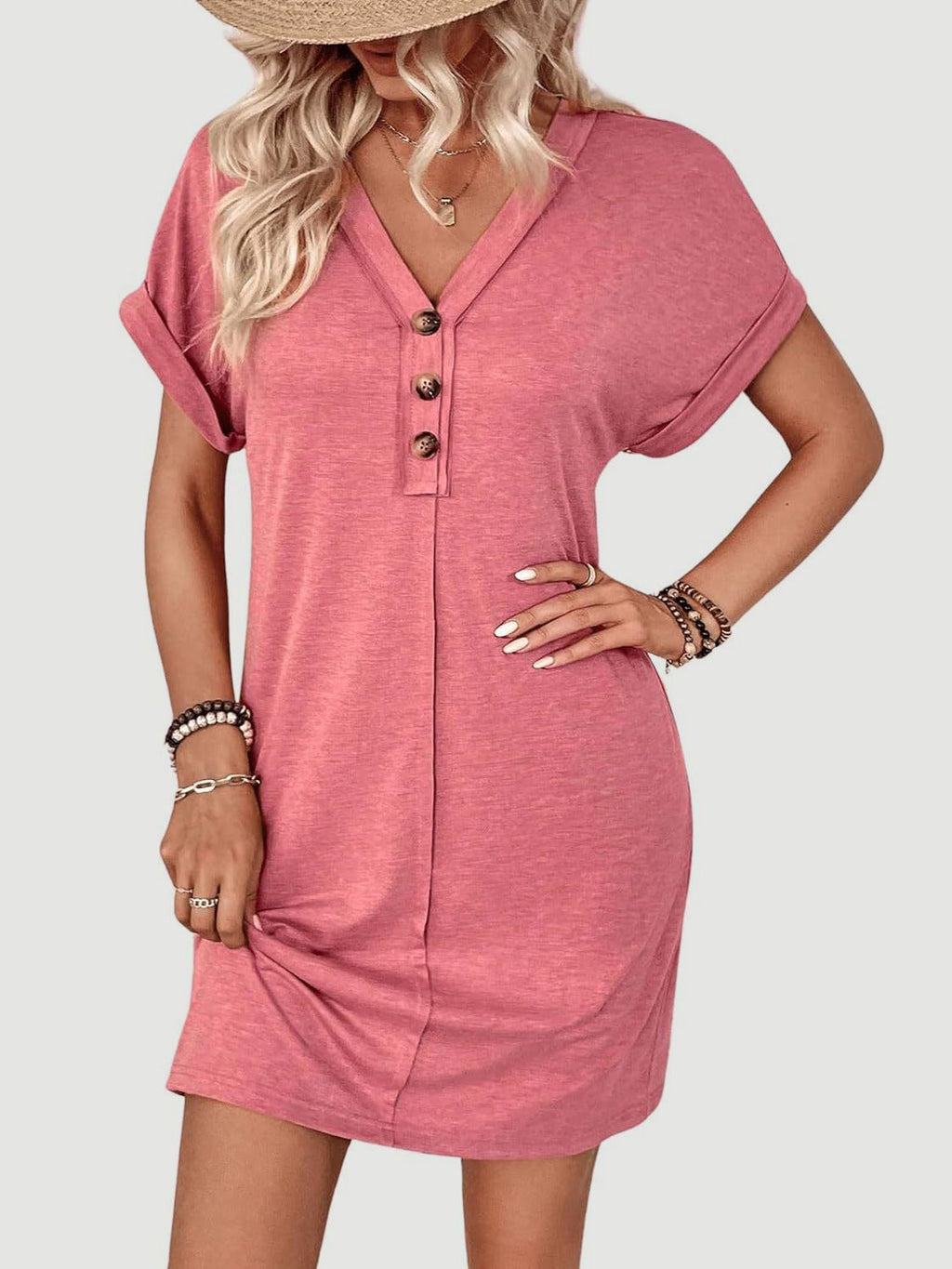 V-Neck Short Sleeve Button-Front Dress for Casual and Office Wear