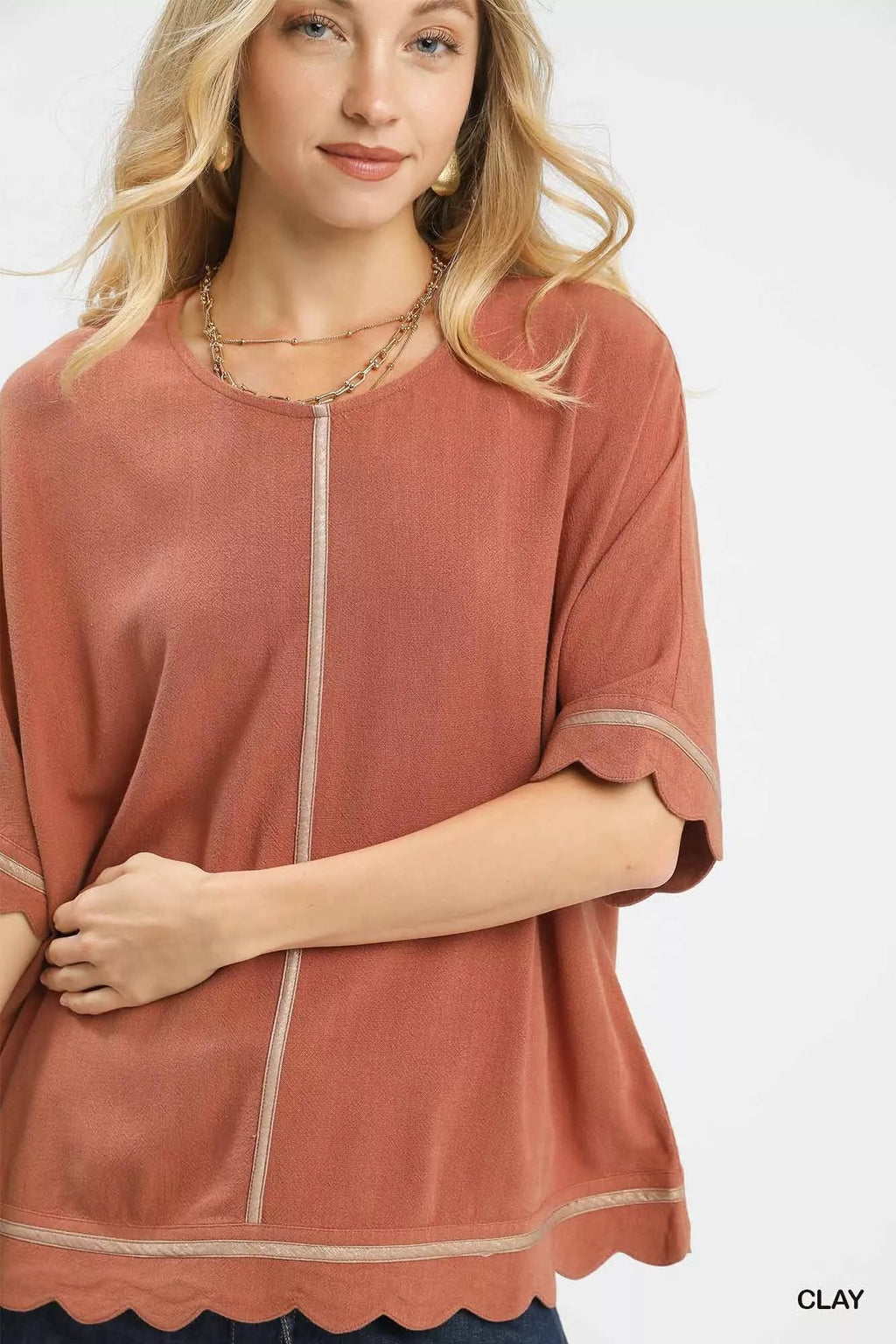 Clay Linen Blend Scallop Trim Top