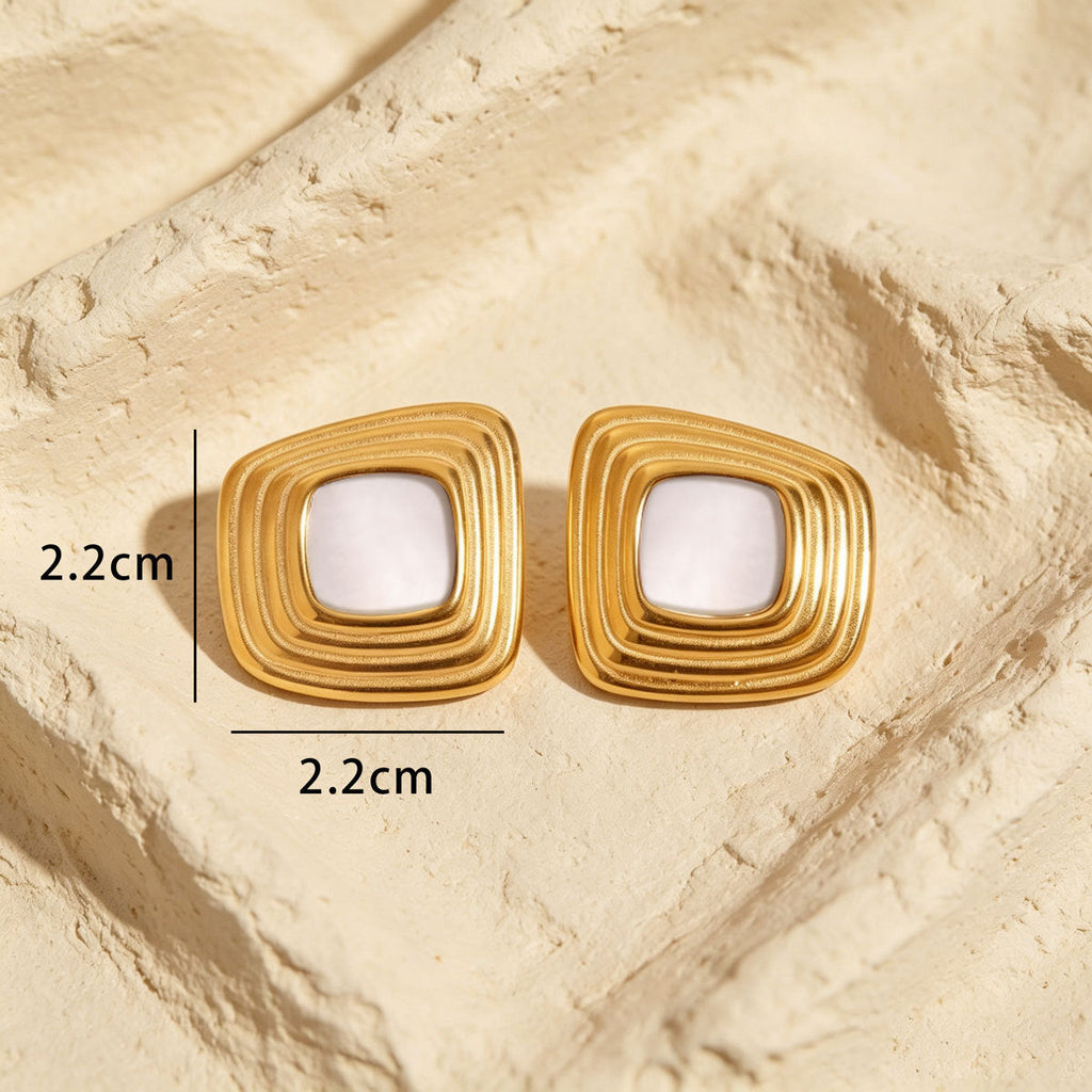 Women Multi Wave Square Faux Shell Stud Earrings, PVD Gold Plated Minimalist Vintage Daily Office Gift Jewelry