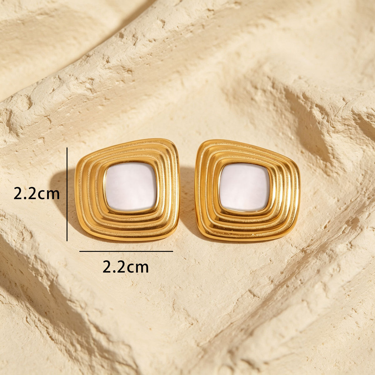Women Multi Wave Square Faux Shell Stud Earrings, PVD Gold Plated Minimalist Vintage Daily Office Gift Jewelry