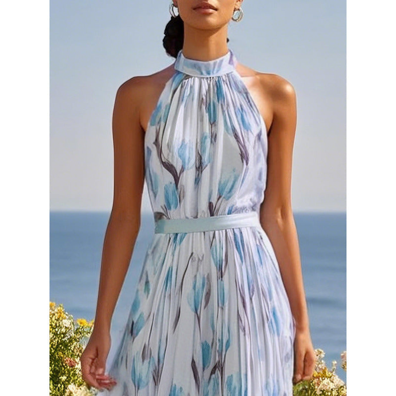 Floral Print Halterneck High-Waist Pleated Midi Dress