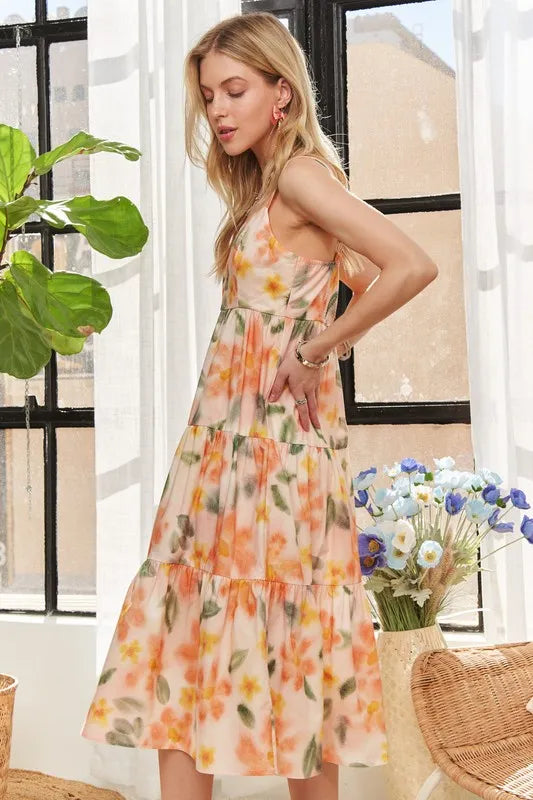 Smocked Back Floral Midi Dress – Adjustable Strap Summer Dress