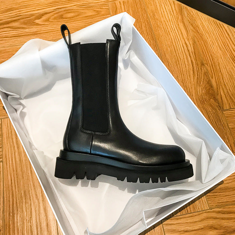 Women’s British-Style Mid-Calf Leather Boots with Thick Sole