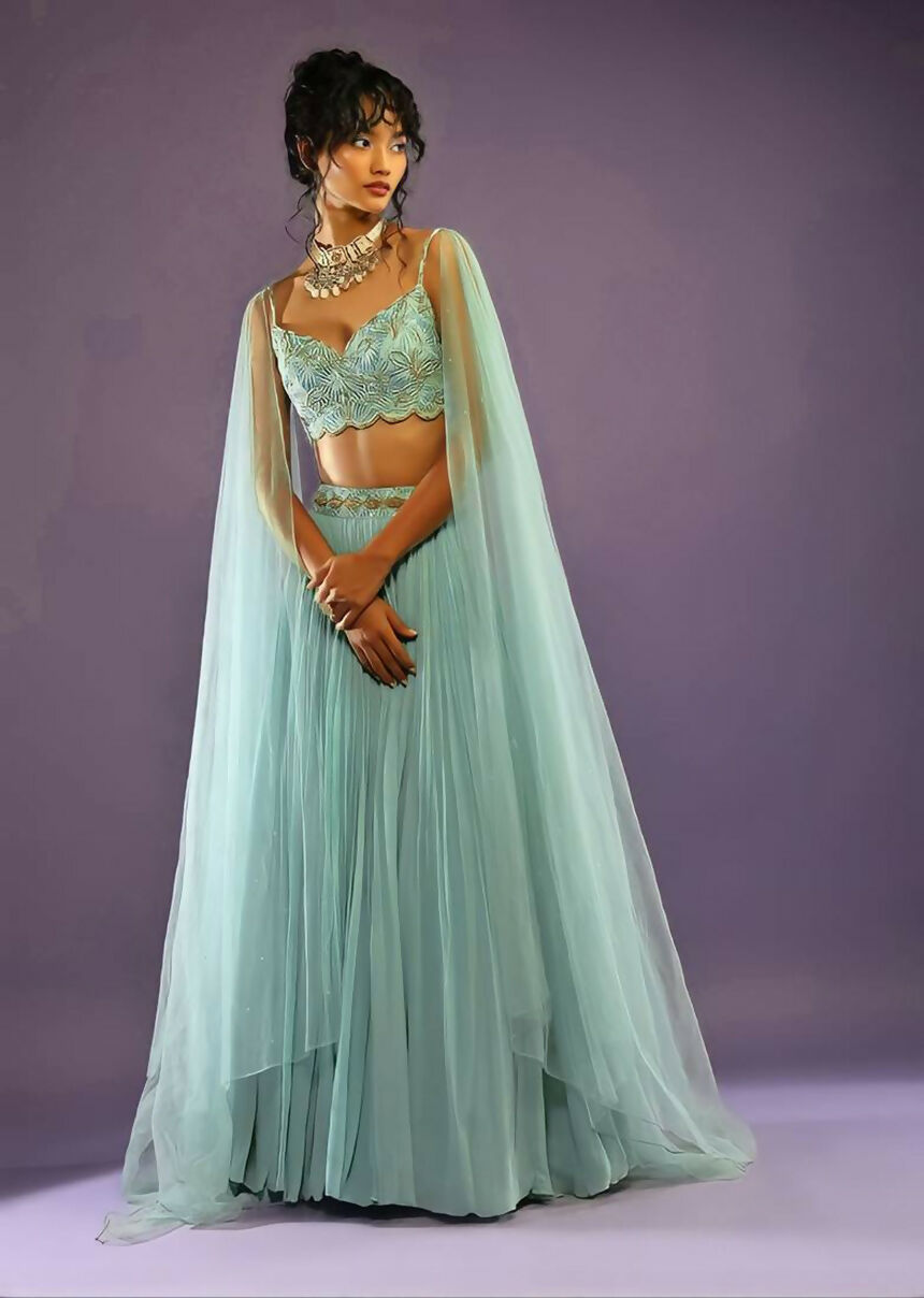 Turquoise Faux Georgette Lehenga Choli with Crush & Zari Work