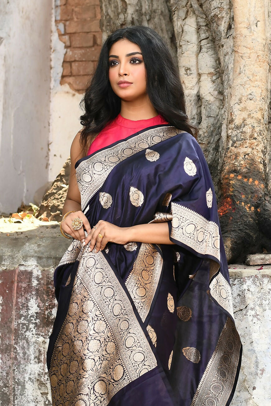 Navy Blue Pure Katan Handloom Banarasi Silk Saree