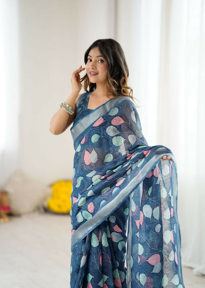 Dark Blue Linen Patta Printed Saree with Coordinating Blouse