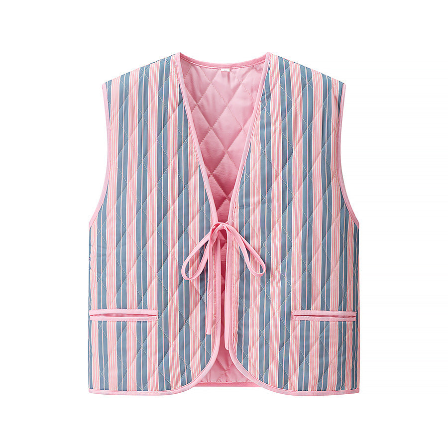 Women's pink and blue striped quilted vest with V-neck and front tie closure on a white background.