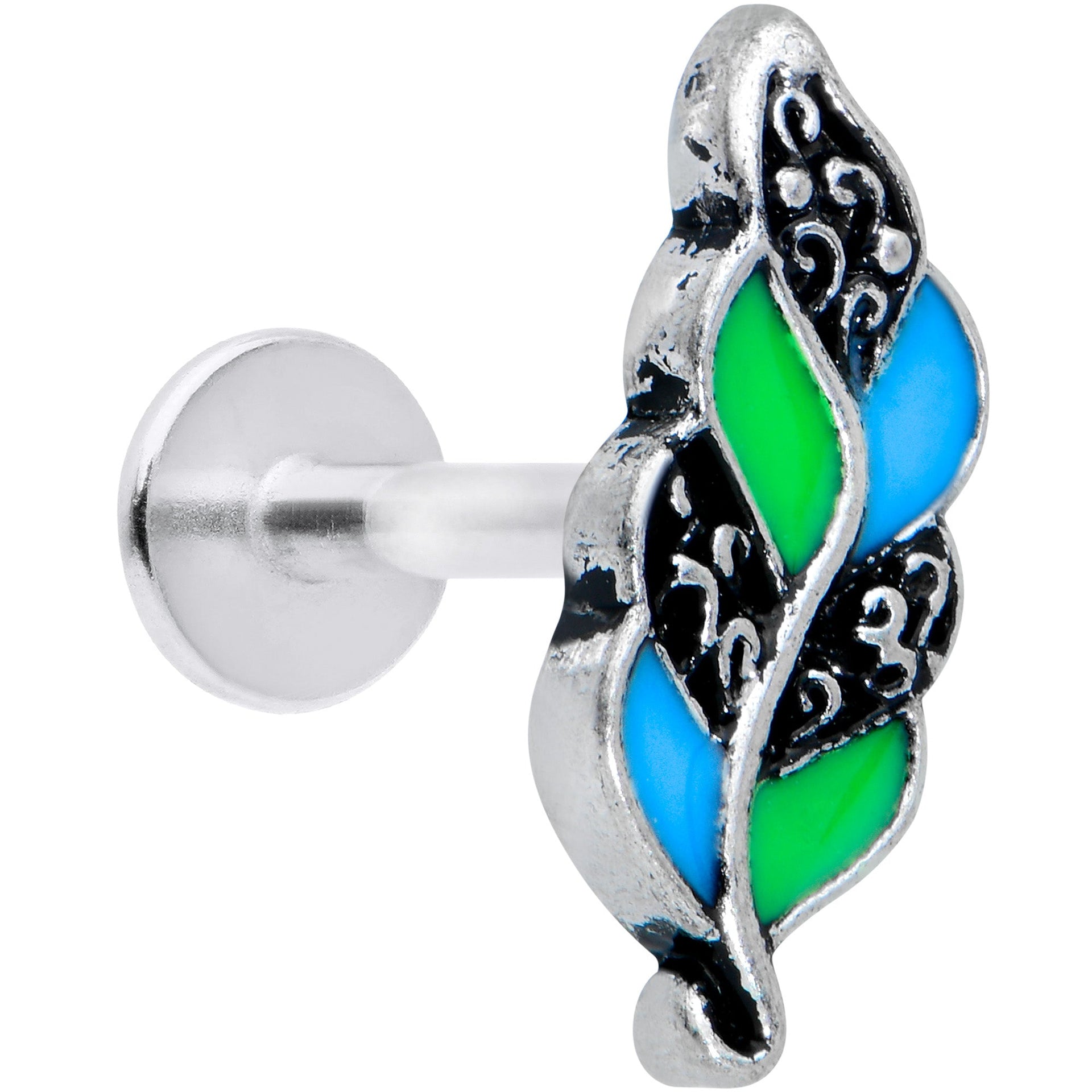 16G 1/4 Filigree Blue Green Leaves Labret Monroe Tragus