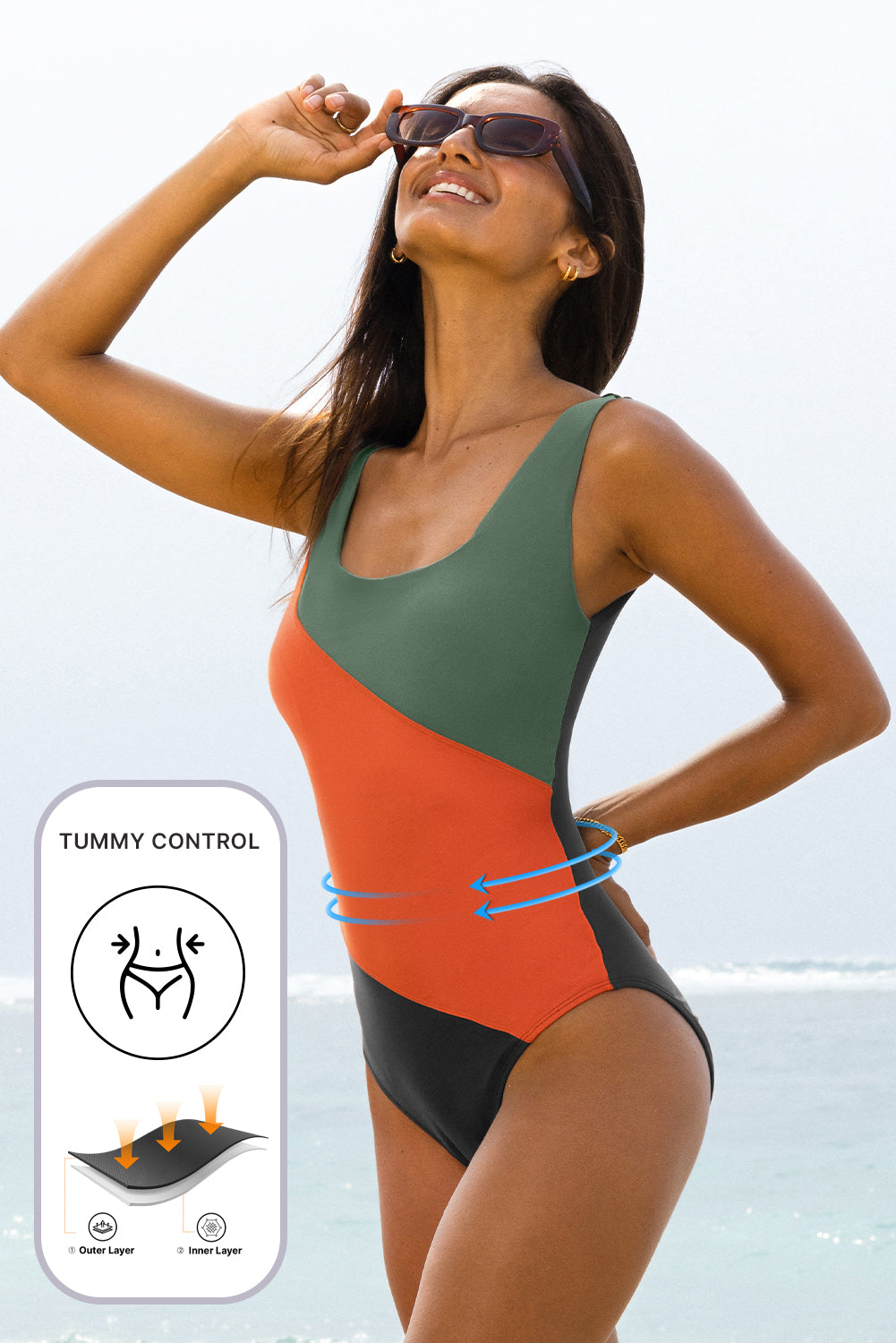Duffel Green Color Block Padded Square Neck One-Piece Swimsuit