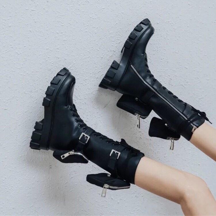 Women's Black Leather Platform Combat Boots with Pouches - Image 4