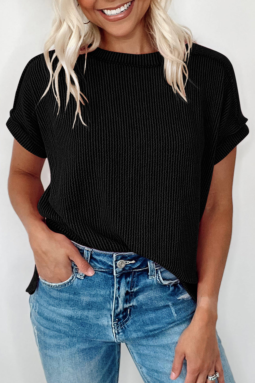 White Crinkle Rib Textured Knit Round Neck T-Shirt