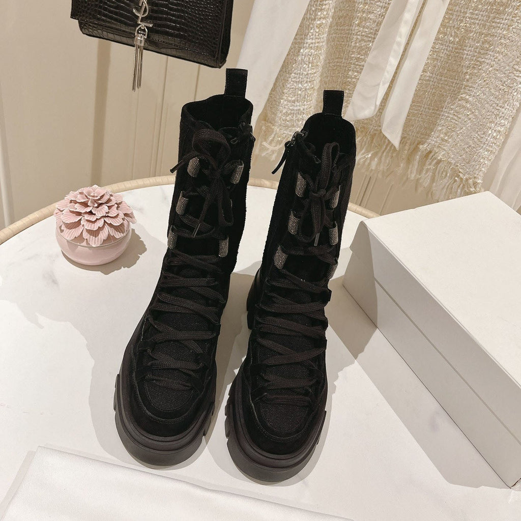 Women's Mid-Calf Lace-Up Suede Combat Boots Anti-Slip Sole - Image 3