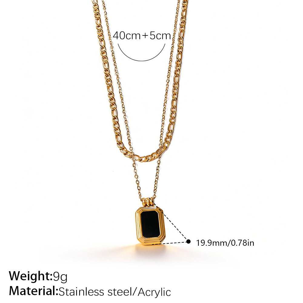 Vintage Stackable Double Layer Oval Black Onyx Pendant Necklace, 18K Gold Plated Square Black Zircon Clavicle Chain