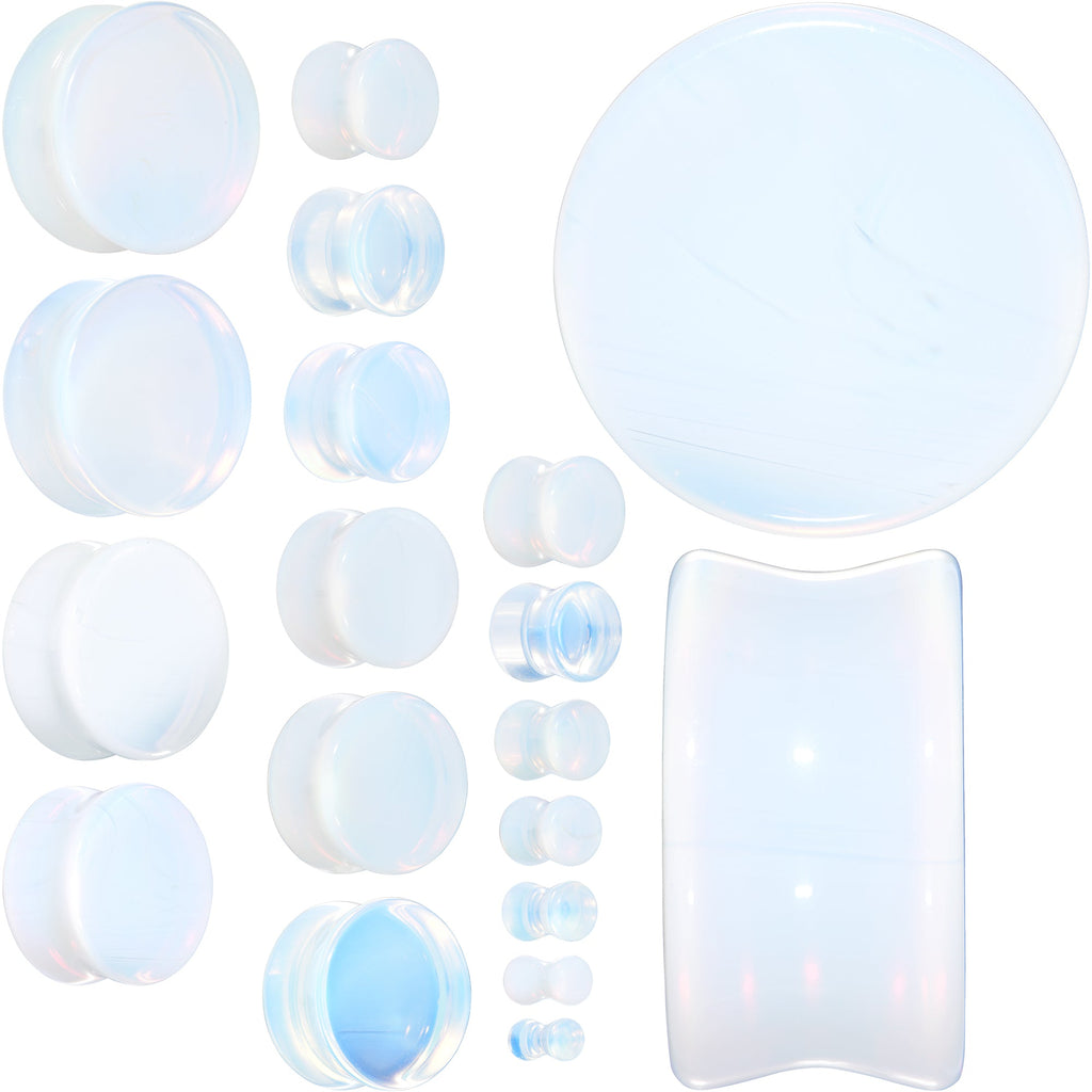 A pair of White Opalite Double Flare Plugs featuring a subtle iridescent finish