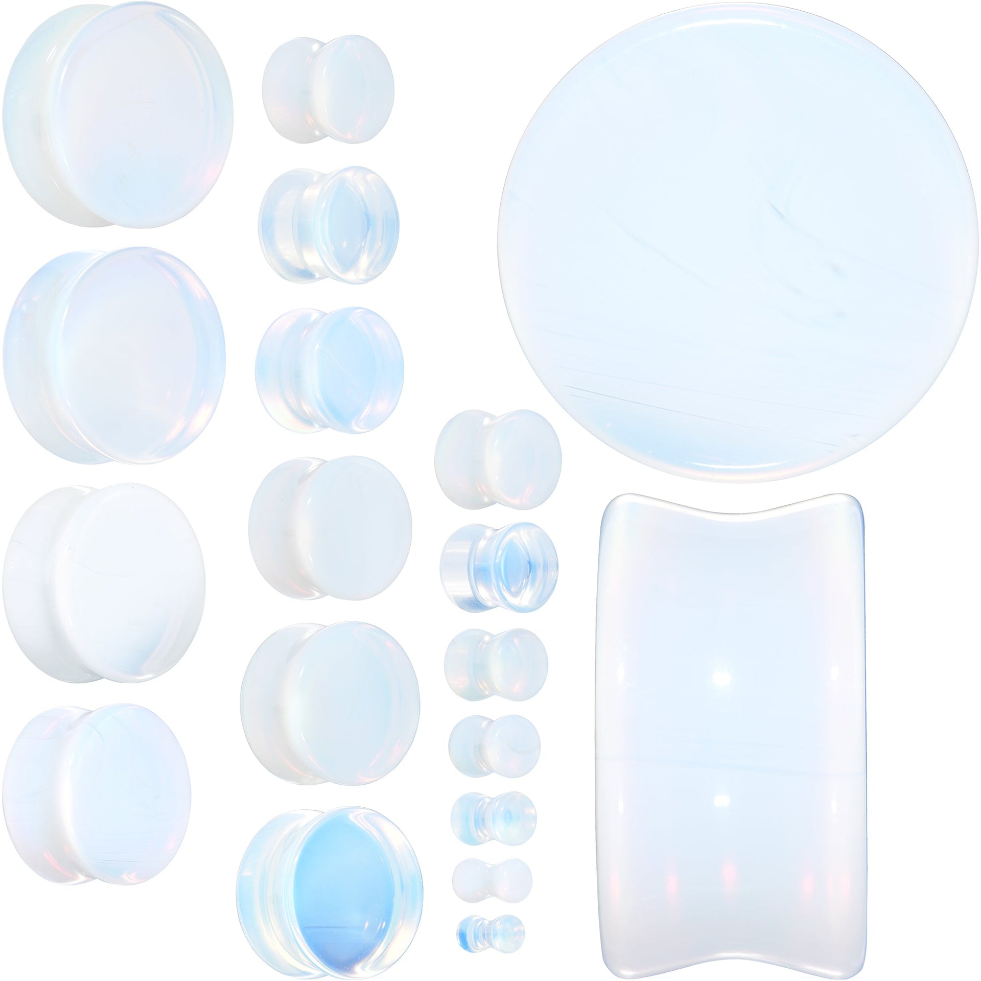 A pair of White Opalite Double Flare Plugs featuring a subtle iridescent finish