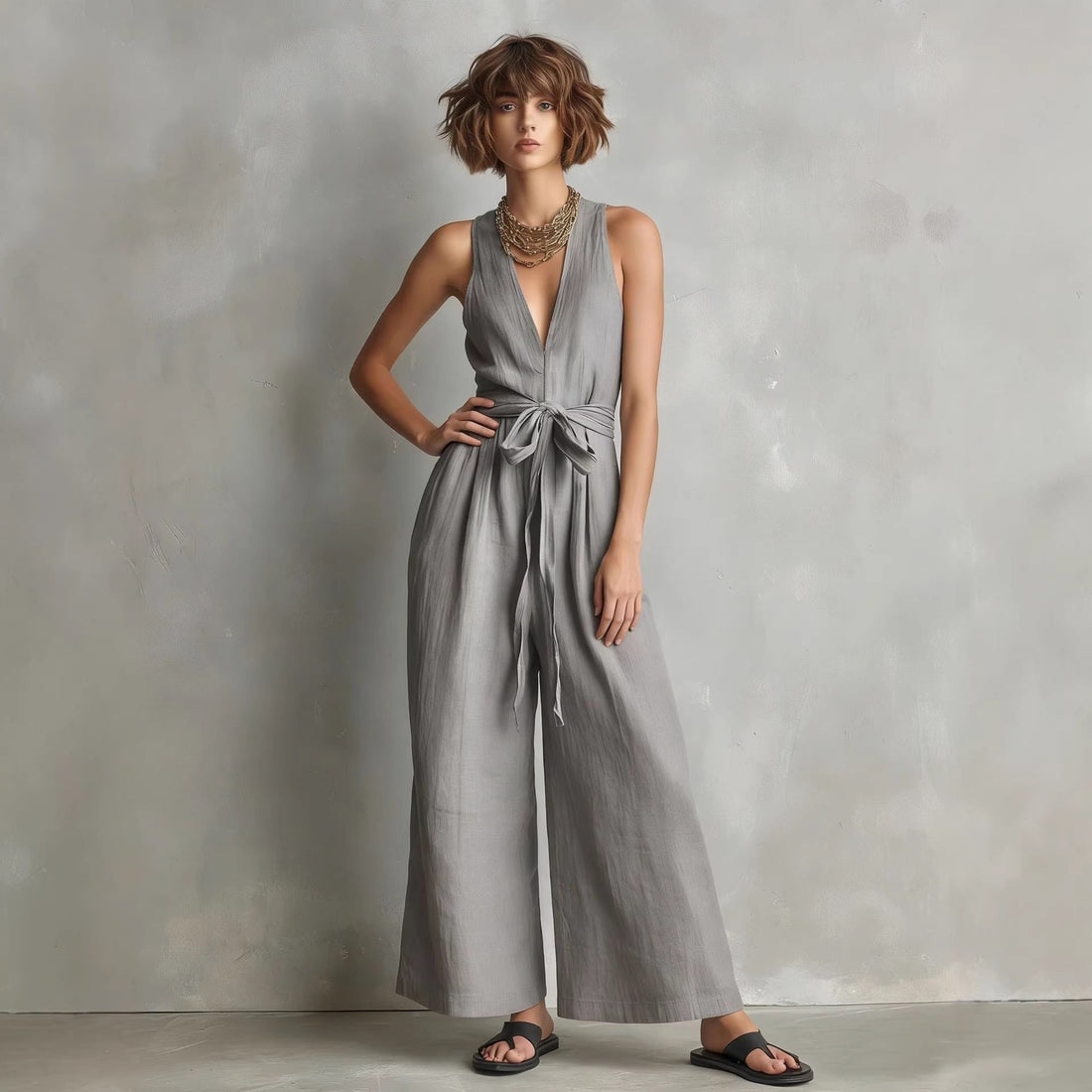 Women's V-Neck Sleeveless Jumpsuit with Waist Tie in Gray - Image 10