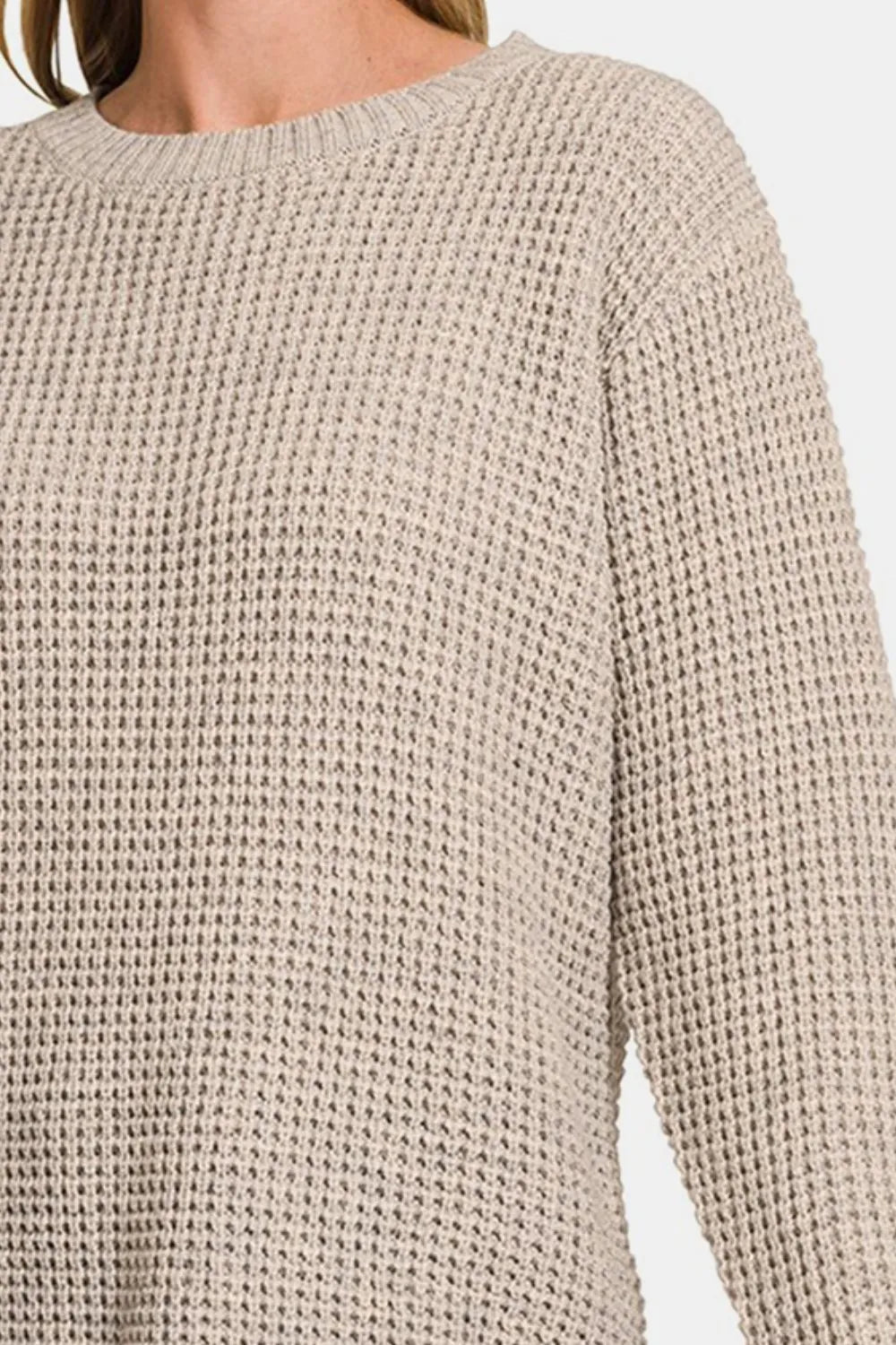 Zenana High Low Waffle Knit Long Sleeve Sweater