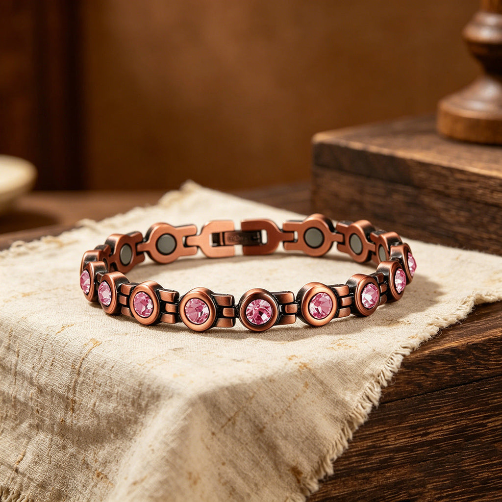 Retro magnetic therapy bracelet in alloy with transparent crystal accents