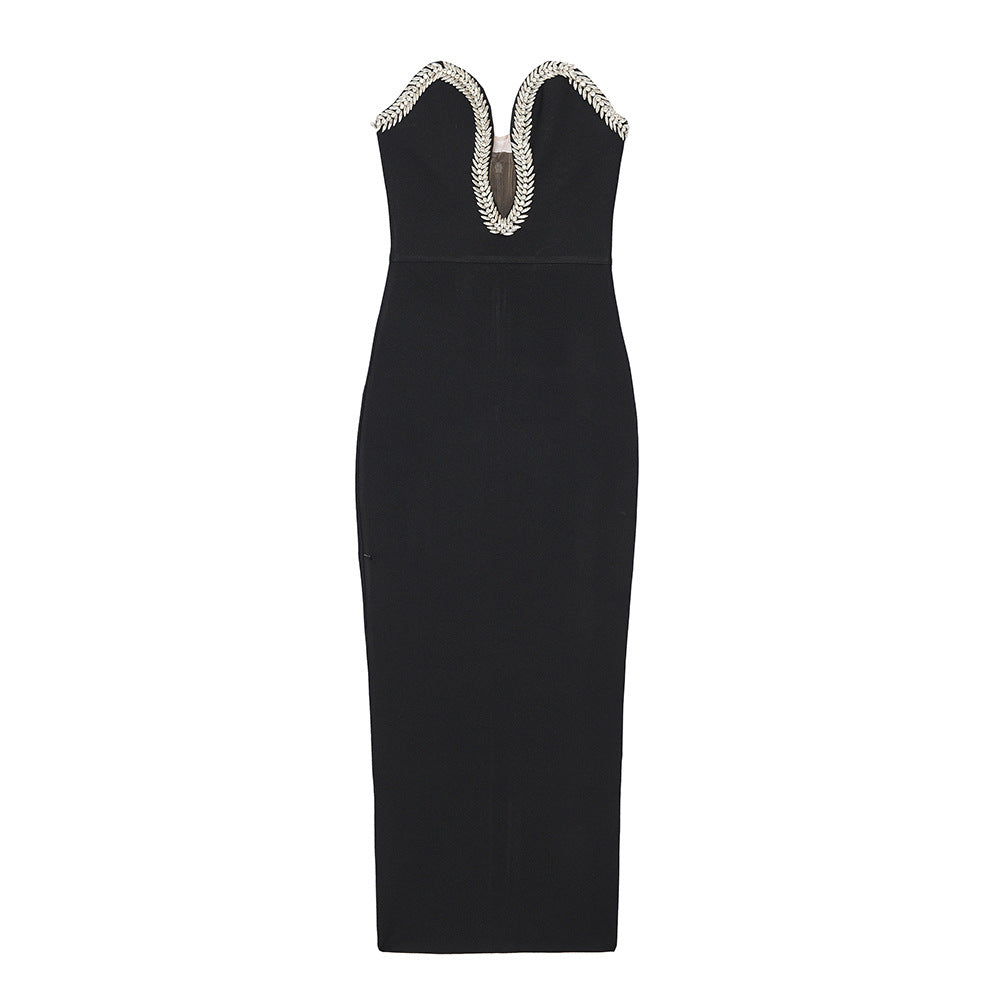 Elegant Summer Sexy V-Neck Bodycon Dress with Rhinestones