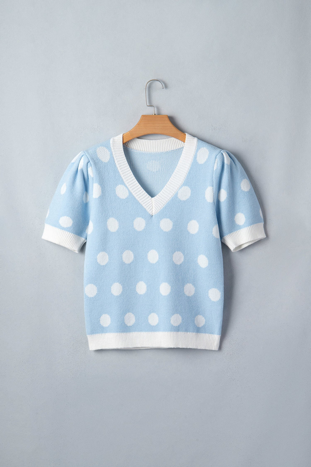 Rivka Puff Short Sleeve Sweater – Polka Dot V-Neck Knit Top