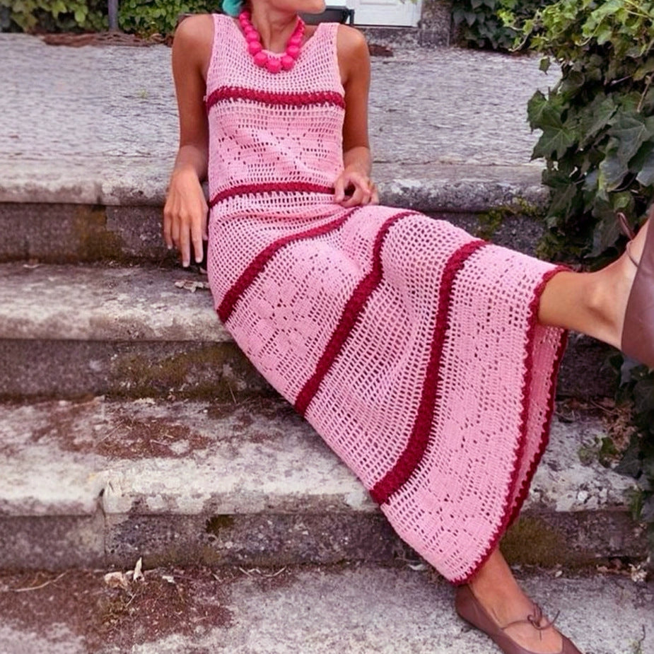 Knitted Contrast Color Hollow Vest Dress – Sleeveless Long Skirt