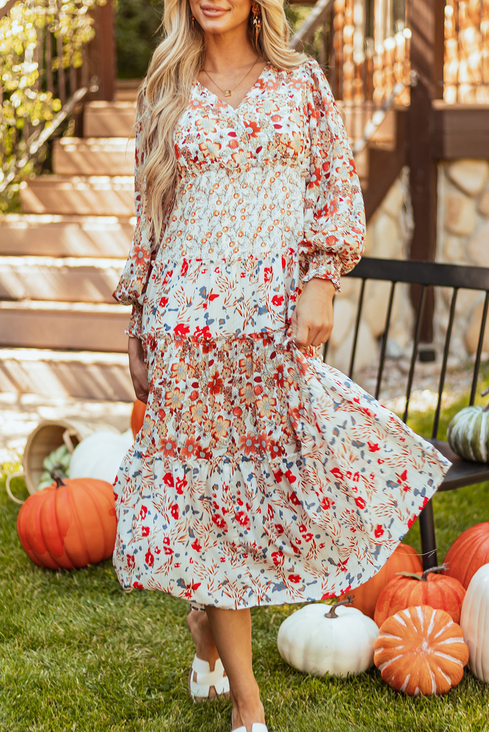 Floral V-Neck Ruffle Long Sleeve Midi Dress