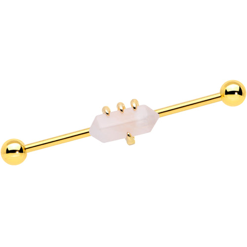14G Pink Rose Quartz Gold Tone Claw Industrial Barbell 38mm