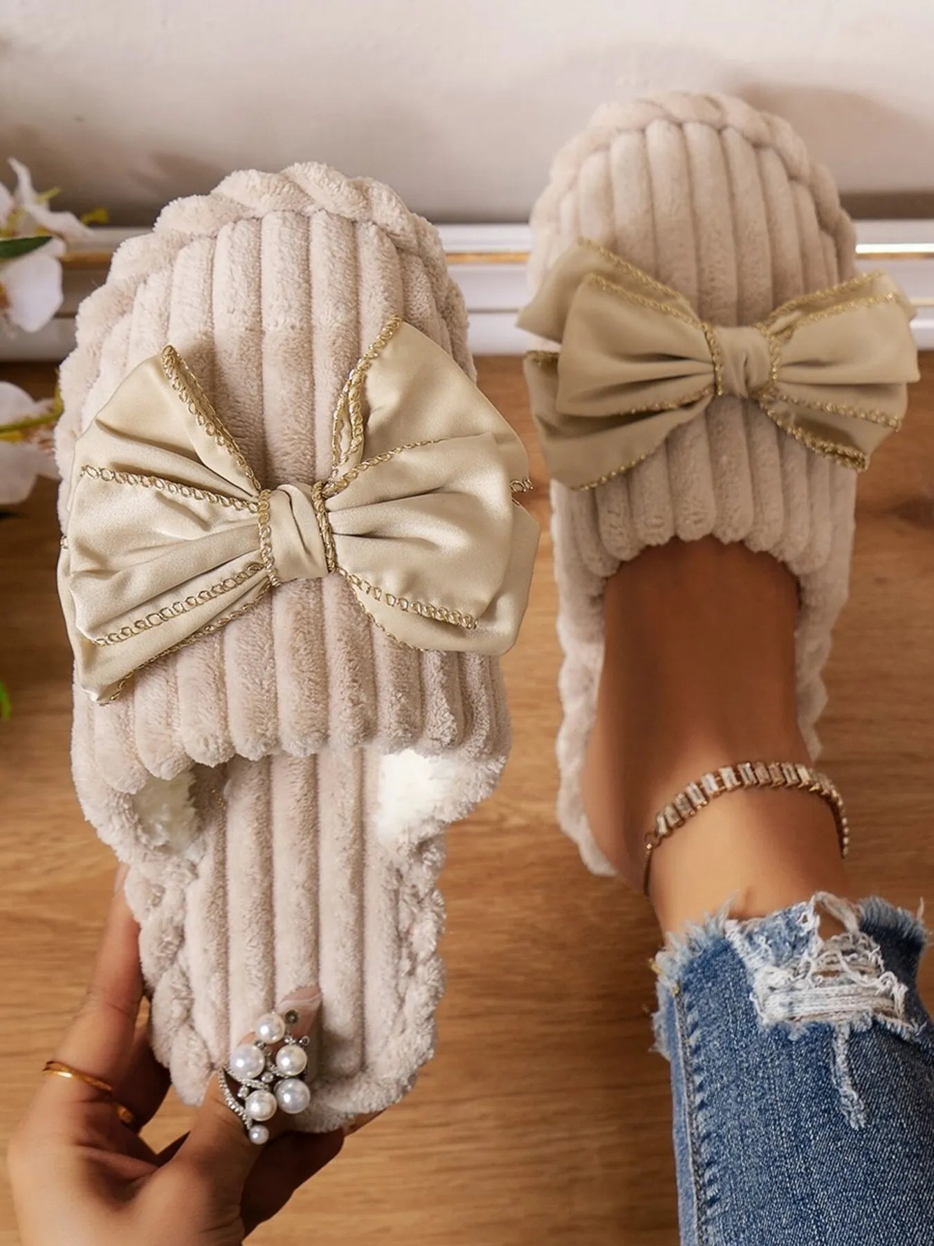 Bow Embellished Indoor Slippers | Soft Cotton Loungewear